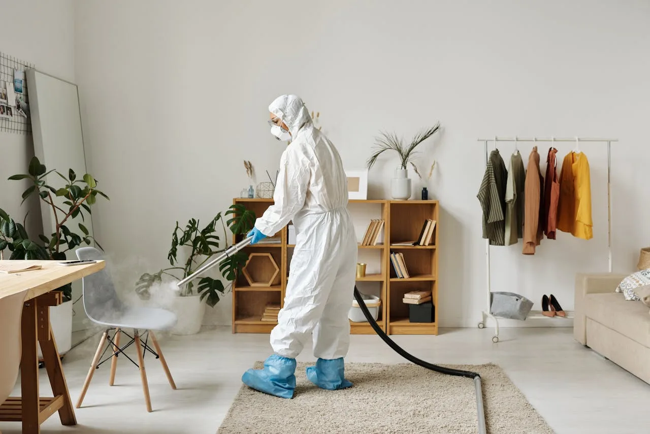 Services A worker in protective gear disinfecting a modern living room with a fogger.